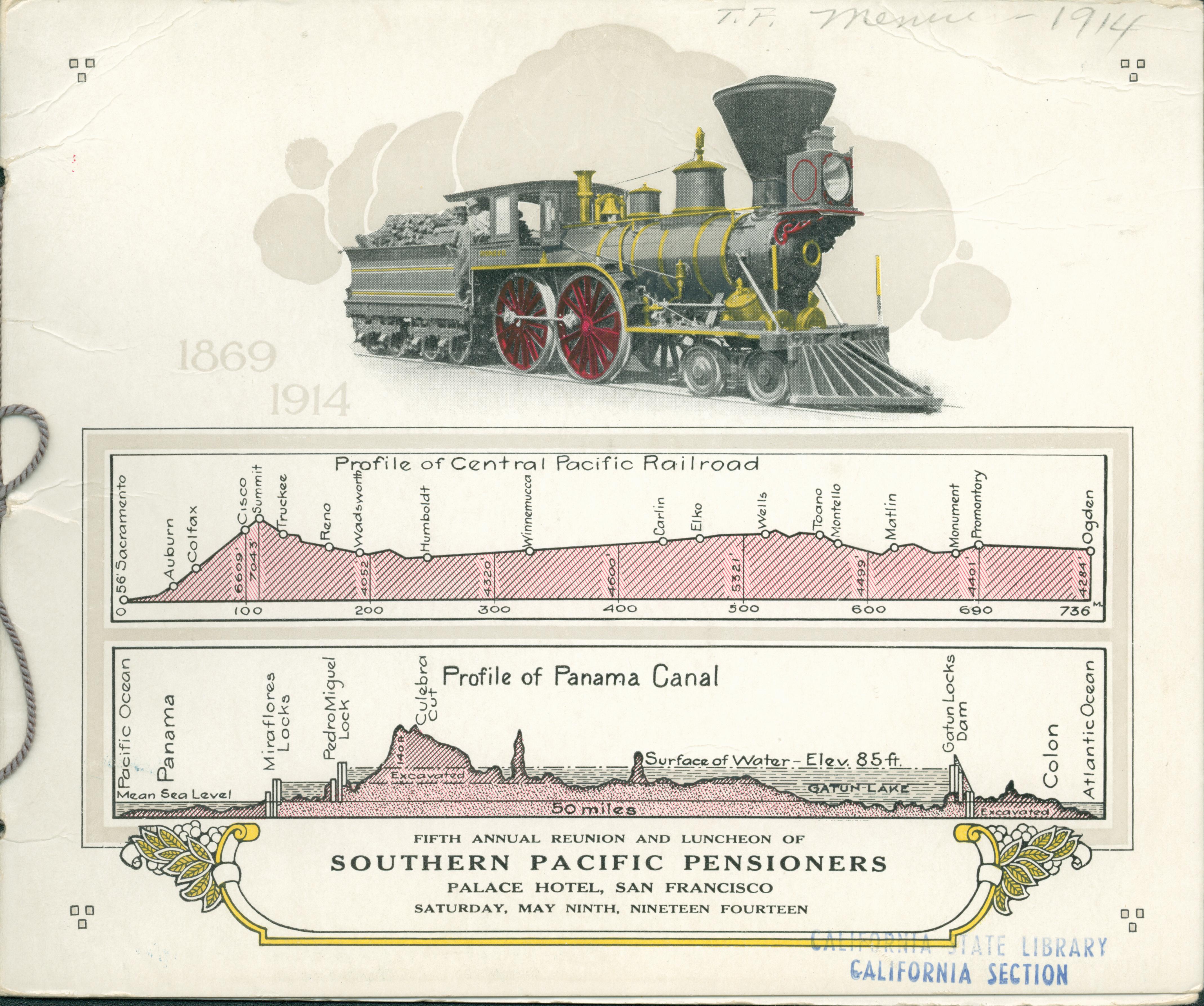 The cover of this menu shows a railroad engine above two charts showing the elevation profiles of the Central Pacific railroad line and the Panama Canal